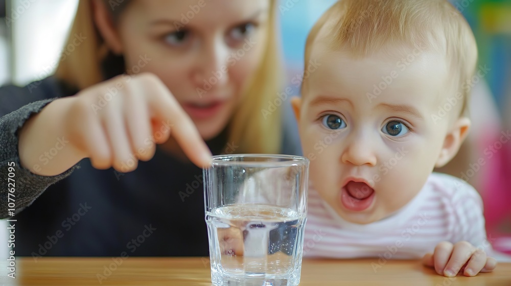 Mom and baby standing together, with the mother pointing at the child's glass of water on the children's table. The mother is at the child's eye level, creating a nurturing and engaging moment. Mom and baby standing together, with the mother pointing at the child's glass of water on the children's table. The mother is at the child's eye level, creating a nurturing and engaging moment.