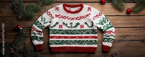 A cozy, festive sweater with a traditional holiday pattern, surrounded by greenery and a rustic wooden background. photo