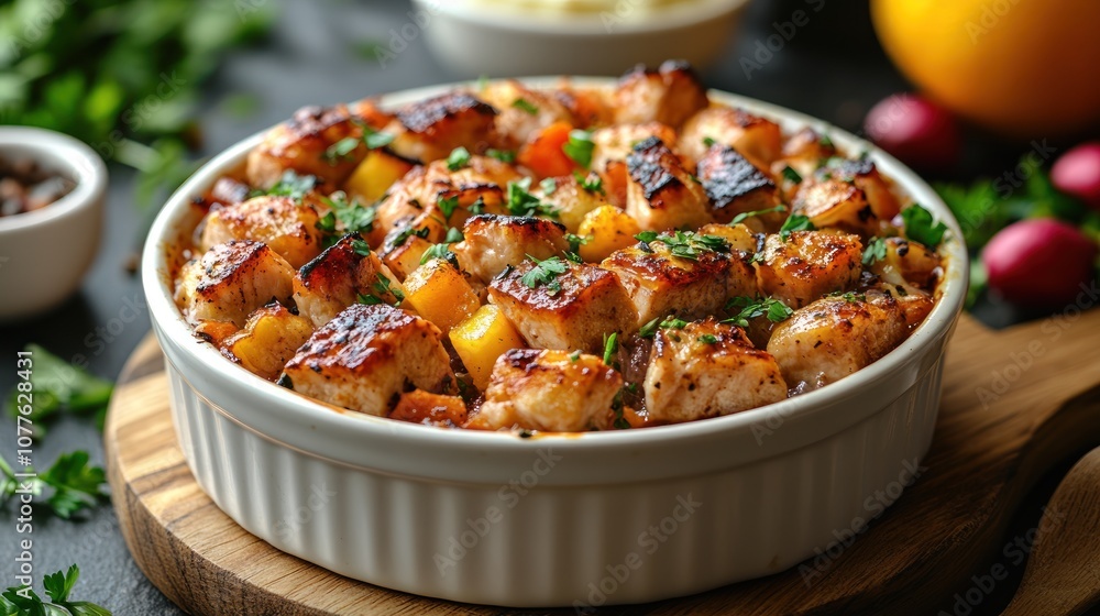 A delicious baked dish with chicken and vegetables, garnished. A delicious baked dish with chicken and vegetables, garnished.