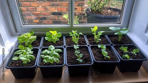 A windowsill garden with rows of young plants in black plastic pots.