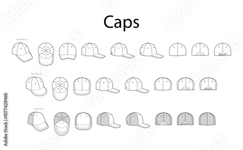 Set of Trucker Baseball Caps - Dad Hip-Hop Deerstalker Outdoor Skate Fitted Five Panel Hat. Head Fashion accessory clothing technical illustration. Vector for Men, women, unisex style, flat template