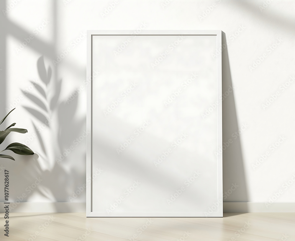 White frame background a thin white wooden picture frame mockup leaning against the wall a minimalist room with a light wood floor and a soft shadow from a window on White frame background a thin white wooden picture frame mockup leaning against the wall a minimalist room with a light wood floor and a soft shadow from a window on