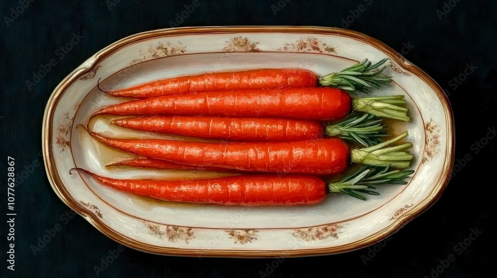 Five whole roasted carrots on a white oval plate with rosemary sprigs and glaze, on a dark background. Five whole roasted carrots on a white oval plate with rosemary sprigs and glaze, on a dark background.
