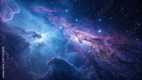 Swirling clouds of blue and purple hues against a backdrop of endless space, cosmos, celestial, space