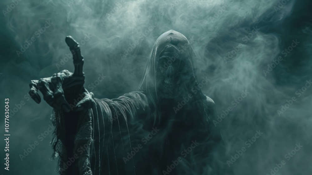Scary grim reaper reaches towards the camera with copy space, AI generated image Scary grim reaper reaches towards the camera with copy space, AI generated image