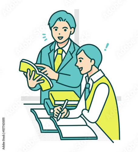 授業のワンシーン。教諭が学生に参考書を用いて指導する。ベクターイラスト素材。
