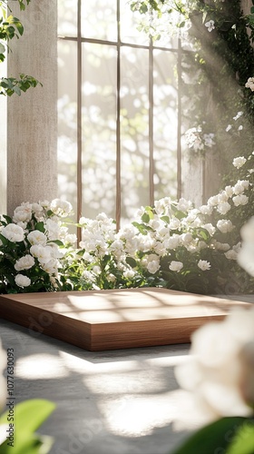 Minimal wood stage for show product on cement floor, in front of white peonies and green plants. The sunlight shines through the window, creating beautiful light and shadow effects. generative ai