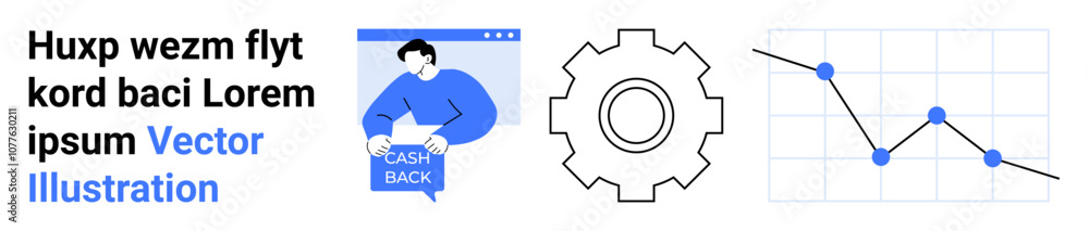 Cashback concept with man holding sign, gear icon, and line graph with data points. Ideal for financial presentations, business strategies, marketing, tech development, data analysis, educational Cashback concept with man holding sign, gear icon, and line graph with data points. Ideal for financial presentations, business strategies, marketing, tech development, data analysis, educational