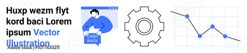 Cashback concept with man holding sign, gear icon, and line graph with data points. Ideal for financial presentations, business strategies, marketing, tech development, data analysis, educational