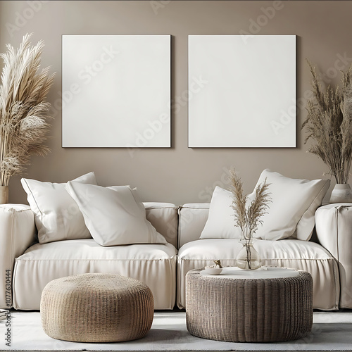 two blank 15 inch deep canvas gallery wraps square 20 inches wide by 20 inches tall height closely side by side on a wall in a neutral colored mid century modern inte photo