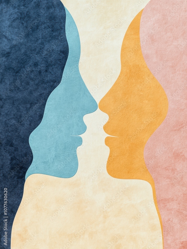 Two abstract silhouettes in soft pastel shades illustrate communication and empathy, capturing a moment of deep connection between individuals. Generative AI Two abstract silhouettes in soft pastel shades illustrate communication and empathy, capturing a moment of deep connection between individuals. Generative AI