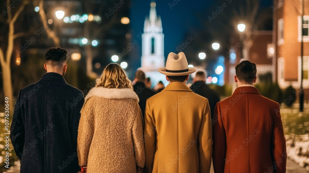 A group of four friends walk in the city at night, their backs turned, heading towards a lit church in the distance. A group of four friends walk in the city at night, their backs turned, heading towards a lit church in the distance.