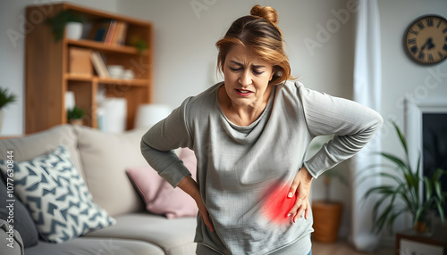 Upset woman suffering from hip joint pain at home isolated with white highlights, png photo