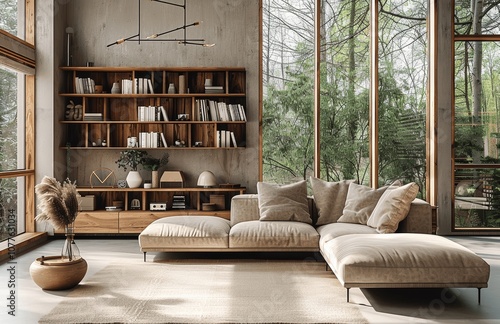 Modern Scandinavian Loft Living Room with Concrete Walls and Wooden Shelves Overlooking Forest photo