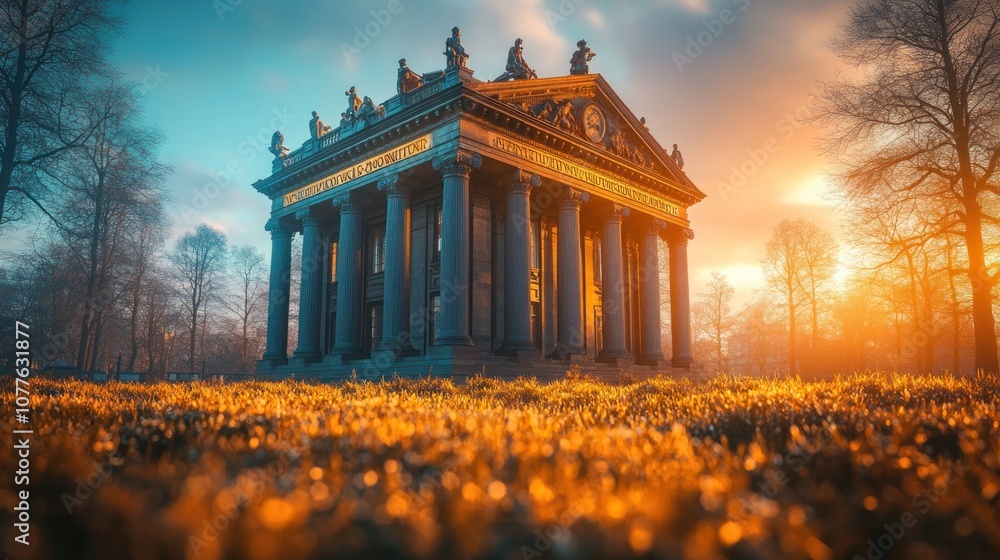 Obraz premium A classical structure surrounded by nature at sunset.