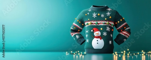 A festive green sweater featuring a snowman and snowflakes, adorned with colorful lights, set against a teal background, perfect for holiday cheer.