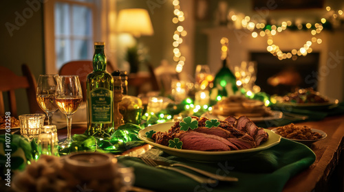 An inviting St. Patrick's Day table setting with sophisticated green accents, whiskey glasses, shamrock decor, and gentle candlelight, setting the scene for a warm Irish celebration.