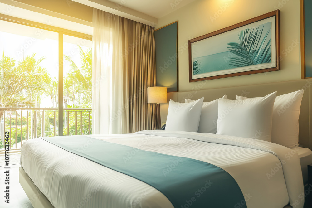 Beautiful decorated luxury hotel room with a large bed and sea view Beautiful decorated luxury hotel room with a large bed and sea view