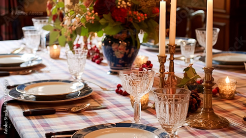 Festive table decor, holiday tablescape and dinner table setting, formal event decoration for wedding, family celebration, English country and home styling inspiration