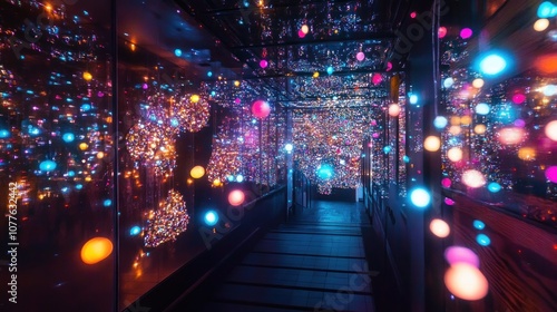 A Festive and Colorful Hallway Illuminated with Bokeh Lights