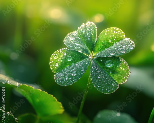 A vibrant clover leaf with dewdrops glistening in soft morning sunlight, surrounded by lush green foliage, capturing nature's freshness.