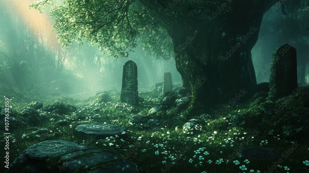 Shrouded in mist, a moss-covered Celtic-carved stone rests in a softly lit forest, with shamrocks at its base and a delicate rainbow stretching faintly above. Shrouded in mist, a moss-covered Celtic-carved stone rests in a softly lit forest, with shamrocks at its base and a delicate rainbow stretching faintly above.