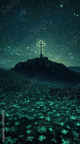 A glowing Celtic cross stands proudly on a hilltop under a starlit sky, surrounded by softly illuminated shamrocks, creating a mystical and serene ambiance.