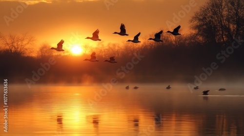 Sunset over a serene lake with flying ducks and mist.