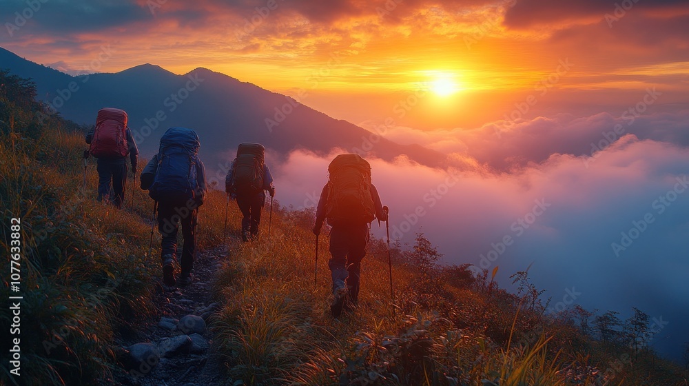 Obraz premium Hikers trekking towards a vibrant sunset above the clouds.