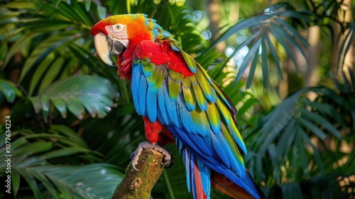 Wallpaper Mural An elegant parrot perches gracefully on a tree branch, its vibrant feathers glowing in the sunlight. With a curious gaze, it adds a colorful charm to the lush surroundings of the forest. Torontodigital.ca