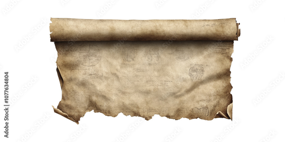 Old parchment paper roll isolated on transparent background, ai Old parchment paper roll isolated on transparent background, ai