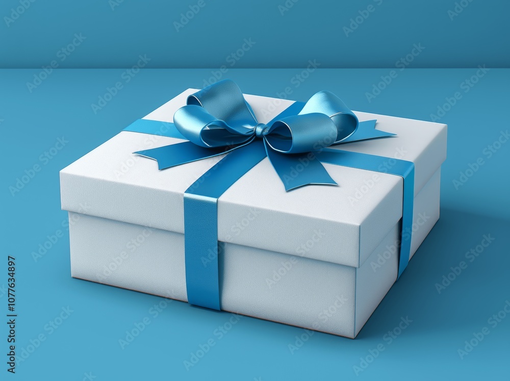 Open White Gift Box with Blue Ribbon and Bow Isolated on Blue Background 3D Rendering