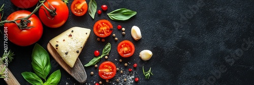 Slices of fresh red tomatoes, a wedge of cheese, and aromatic herbs are artistically arranged on a dark slate surface. photo