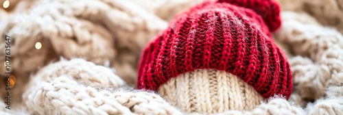 A close-up of a vibrant red hat nestled in soft, white blankets, capturing cozy warmth.