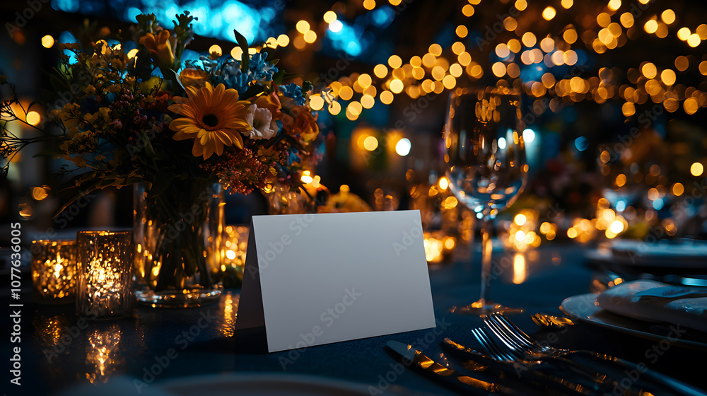 A table with a white card and a glass of wine A table with a white card and a glass of wine