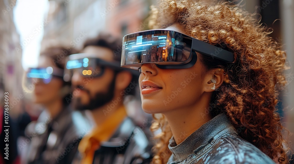 A group of people using augmented reality glasses to interact with digital information overlays in a busy urban environment A group of people using augmented reality glasses to interact with digital information overlays in a busy urban environment