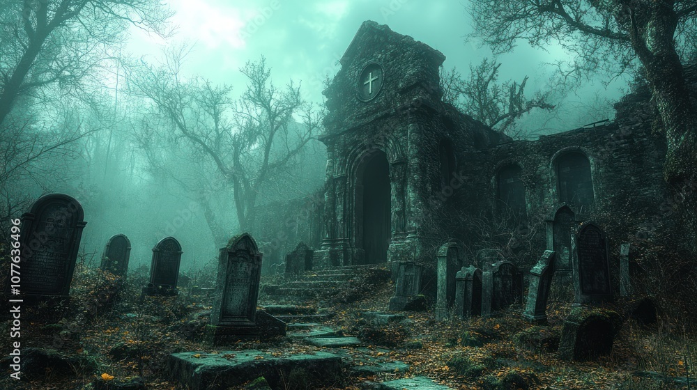 Eerie graveyard with a dilapidated church shrouded in mist. Eerie graveyard with a dilapidated church shrouded in mist.