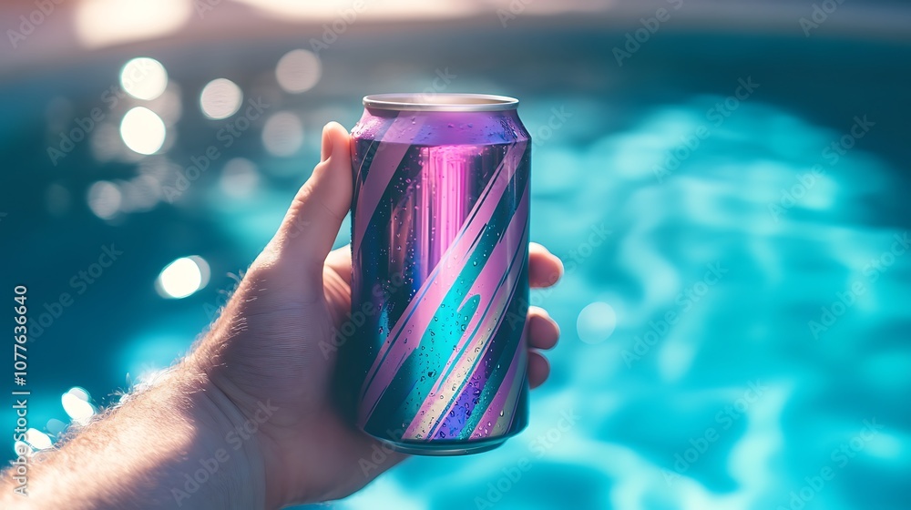 A hand holding a vibrant can of beverage near a sparkling blue pool. A hand holding a vibrant can of beverage near a sparkling blue pool.