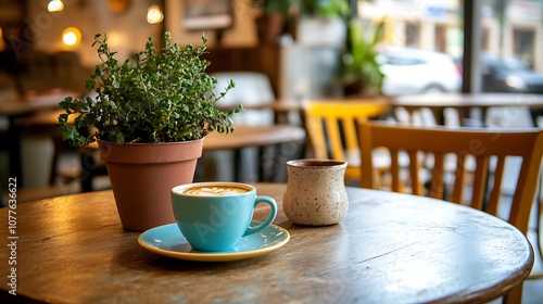 A Blue Cup of Coffee on a Wooden Table in a Cafe