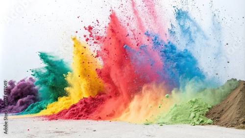 Vibrant coloured powders explode in a rainbow of hues against a crisp white background, creating a visually striking effect., coloured powder, confetti, colourful confetti, explosion, sprinkles