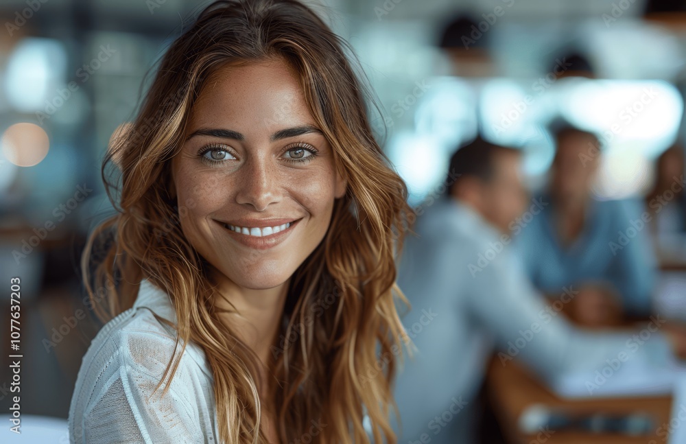Smiling Businesswoman with Colleagues During Office Meeting Smiling Businesswoman with Colleagues During Office Meeting