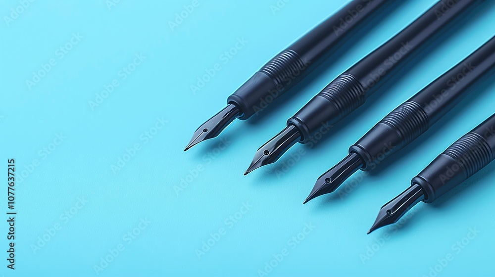 Black fountain pens with pointed nibs, sleek and professional writing tools, vibrant blue background, modern and minimal stationery essentials
Black fountain pens with pointed nibs, sleek and professional writing tools, vibrant blue background, modern and minimal stationery essentials