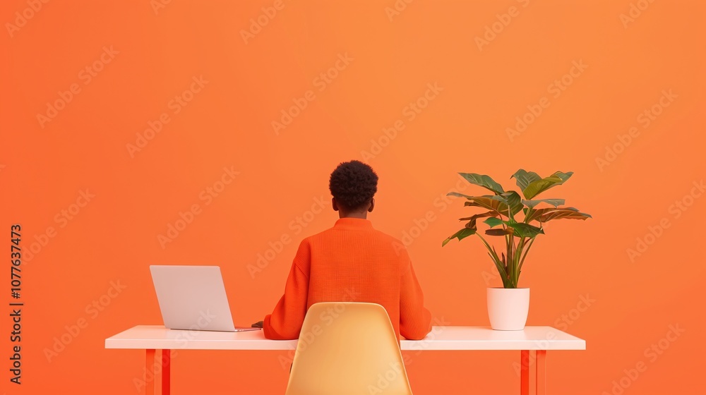 Fototapeta premium Minimalistic office with orange decor, person in orange shirt at desk, vibrant workspace, modern design, productivity setting, simplicity in business, green plant, copy space
