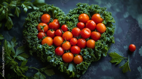 Heart of Fresh Vegetables on Green Background, Healthy Lifestyle Concept