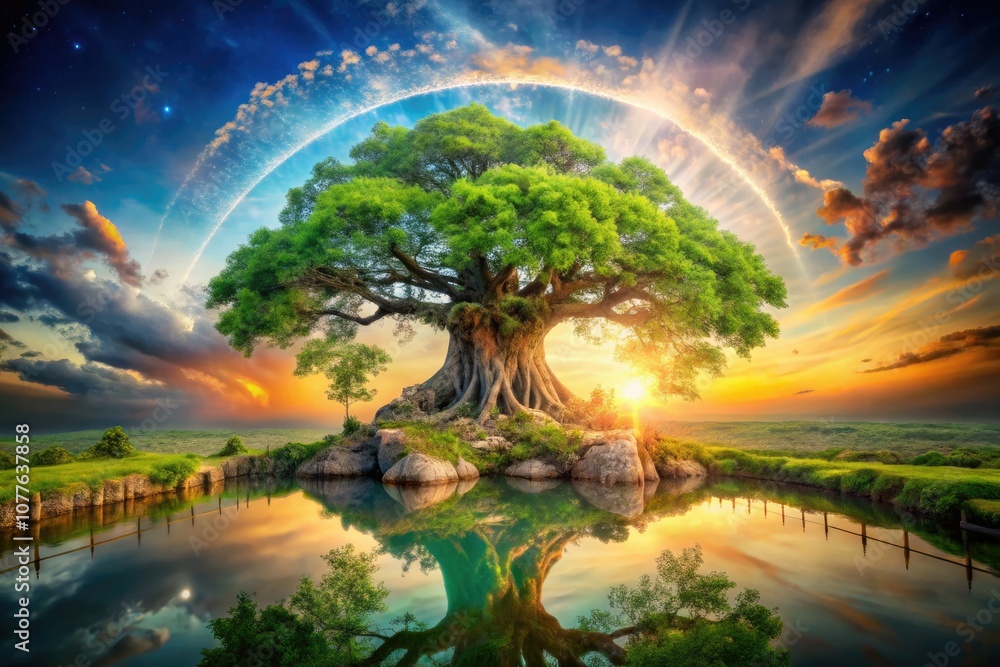 Enchanted Tree of Life: A Tilt-Shift Perspective Bridging Earth and Sky, Symbolizing the Cosmic Connection of All Living Beings Enchanted Tree of Life: A Tilt-Shift Perspective Bridging Earth and Sky, Symbolizing the Cosmic Connection of All Living Beings