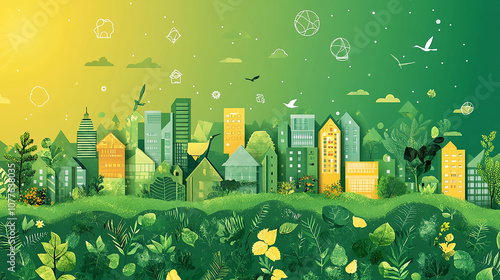 Eco city. Future ecosystem with building, tree and windmill. Green recycling energy, save environment papercut vector urban ecology protection biology concept vector illustration.