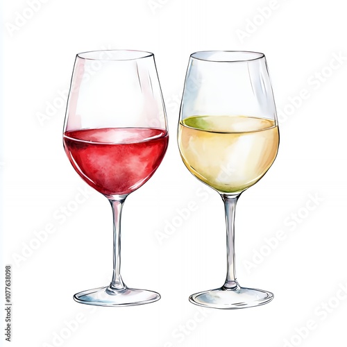 Watercolor illustration of a glass of red wine and a glass of white wine.