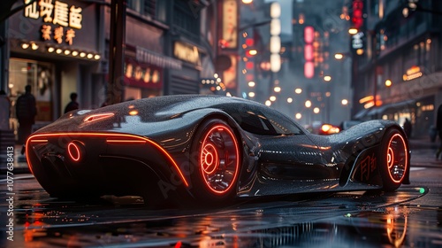 Wallpaper Mural Futuristic Sports Car Glowing in Neon Lights on a Wet City Street Torontodigital.ca