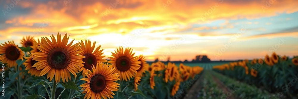 Fototapeta premium Vibrant sunflowers in full bloom against a colorful sunset sky in an agriculture field, harvest, rays, growth