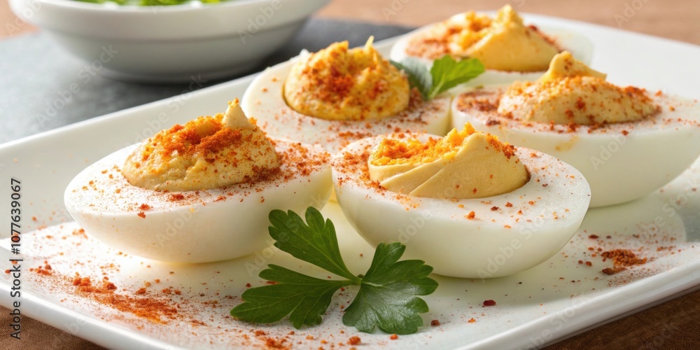An enticing display of hardboiled eggs in half with the creamy yolk peeking out. The whites are firm and glistening while a sprinkle of paprika adds a pop of color. An enticing display of hardboiled eggs in half with the creamy yolk peeking out. The whites are firm and glistening while a sprinkle of paprika adds a pop of color.